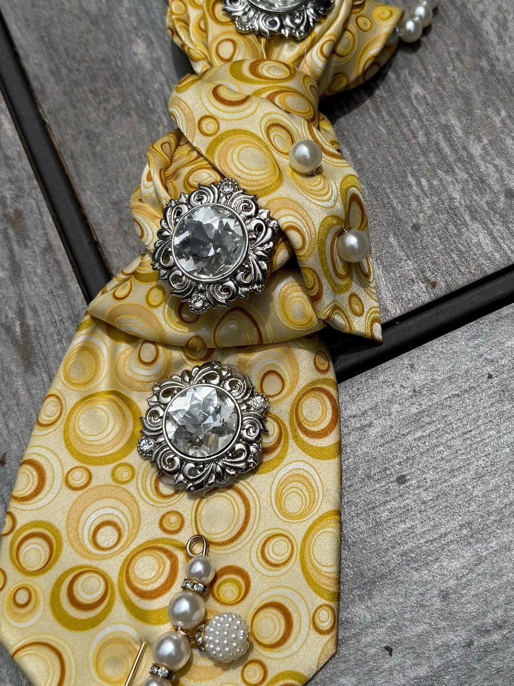 Yellow Circular Patterned Necktie with Rhinestone & Pearl Accents